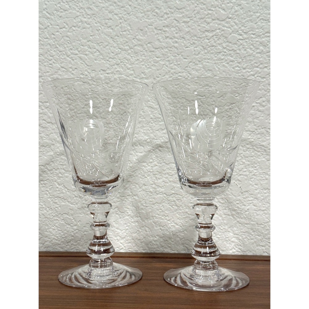 VTG PAIR Set of TWO Fostoria Etched Rose Pattern 7" Water Goblets Signed